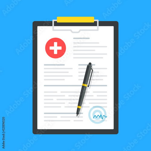 Medical document. Clipboard with prescription document, medical form and pen. Vector illustration