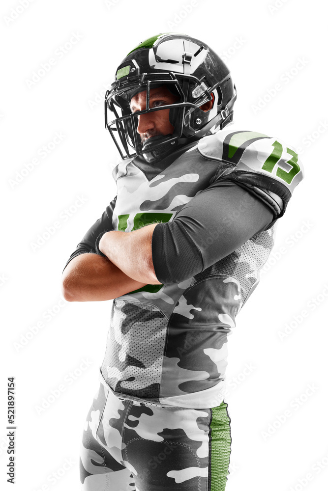 Sport close up. Young american football player crossed his arms. Sports emotions. American football