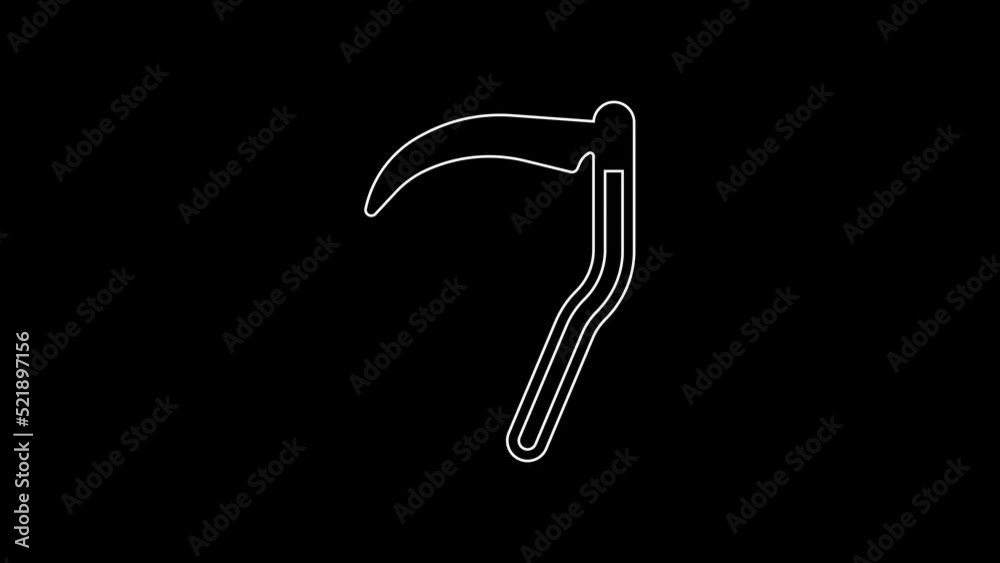 White line Scythe icon isolated on black background. Happy Halloween party. 4K Video motion graphic animation White line Scythe icon isolated on black background. Happy Halloween party. 4K Video motion graphic animation