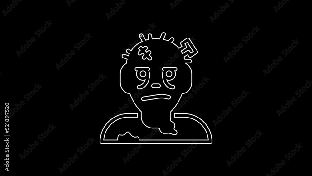 White line Zombie mask icon isolated on black background. Happy Halloween party. 4K Video motion graphic animation White line Zombie mask icon isolated on black background. Happy Halloween party. 4K Video motion graphic animation