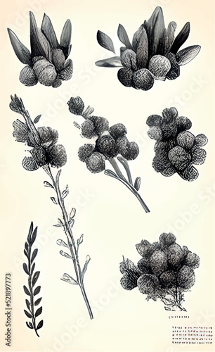 Blooming eucalyptus hand drawn vector illustrations set. Aromatic australian plant twigs with buds and flowers monochrome sketch drawings. Floral engravings with detailed leaves and realistic blossom.