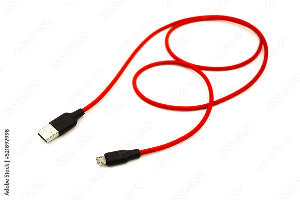 Red USB cable for smartphone isolated on white background. Red USB cable for smartphone isolated on white background.