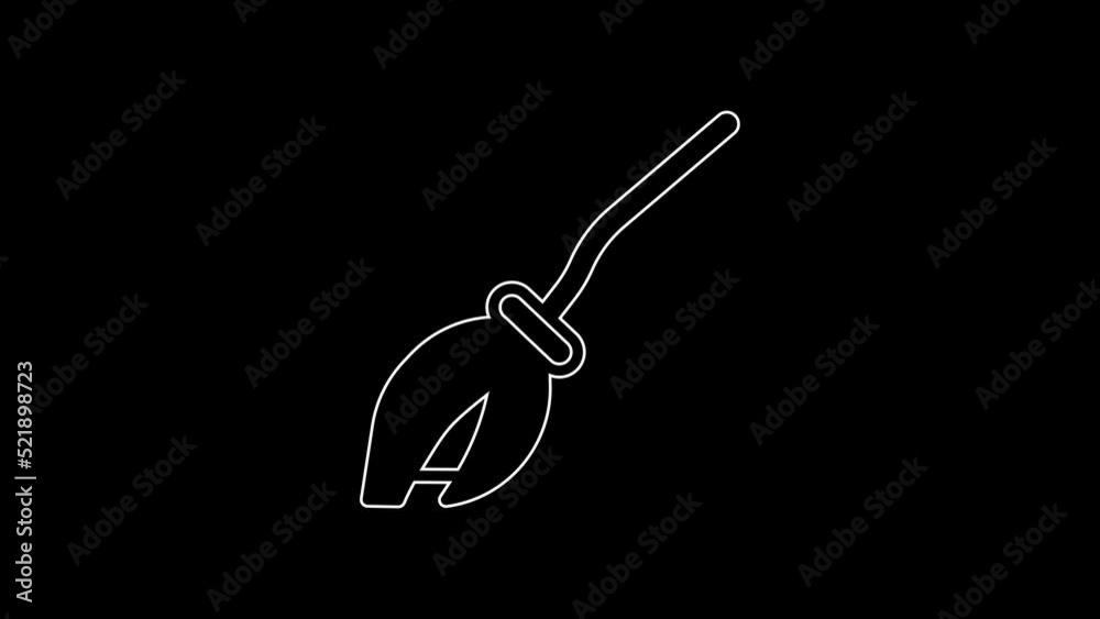 White line Witches broom icon isolated on black background. Happy Halloween party. 4K Video motion graphic animation White line Witches broom icon isolated on black background. Happy Halloween party. 4K Video motion graphic animation