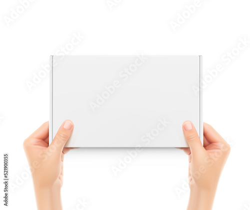 Realistic mailing box mockup with holding hands. Vector illustration isolated on white background. Up view. Ready for presentation your product. EPS10.	