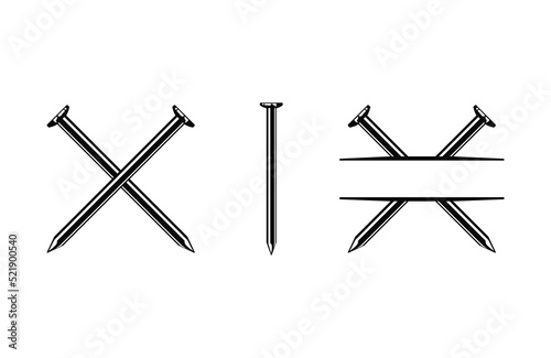 Metal nails, Crossed nails logo, Nails vector illustration set, Carpenter nails symbol