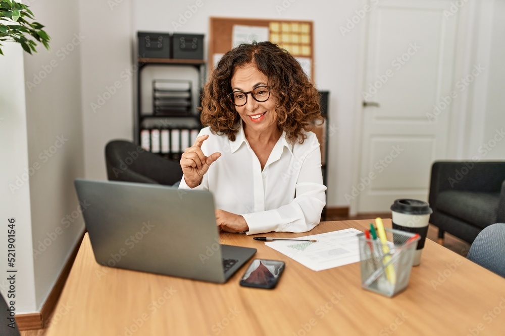 Middle age hispanic woman smiling confident having video call at office Middle age hispanic woman smiling confident having video call at office