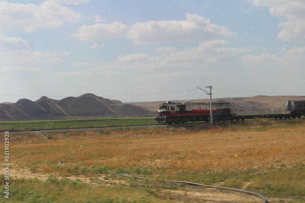 Fototapeta premium train passing through field and mountains
