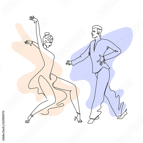 Latin ballroom dancers. Professional dancing couple. Salsa, samba. One line drawing. Hand drawn. Vector black and white illustration with color splashes.