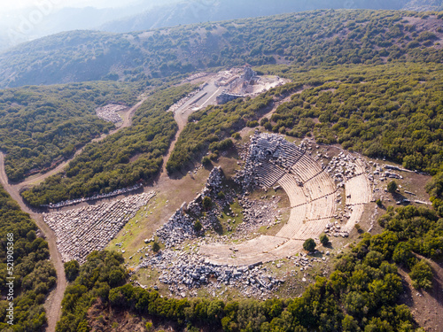 Kibyra ancient city antique amphi theater. Lycian and roman ancient town. Aerial view drone shooting. Burdur. Turkey photo