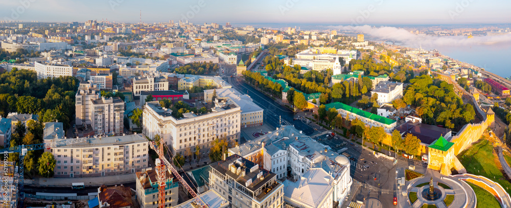 Bird's eye view of Nizhny Novgorod with in morning. Nizhniy Novgorod Kremlin visible from above.