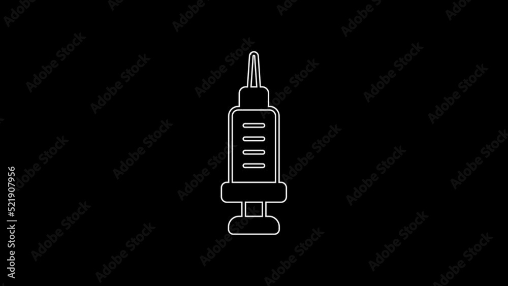 White line Addiction to the drug icon isolated on black background. Heroin, narcotic, addiction, illegal. Sick junkie with a syringe and medical pills. 4K Video motion graphic animation White line Addiction to the drug icon isolated on black background. Heroin, narcotic, addiction, illegal. Sick junkie with a syringe and medical pills. 4K Video motion graphic animation