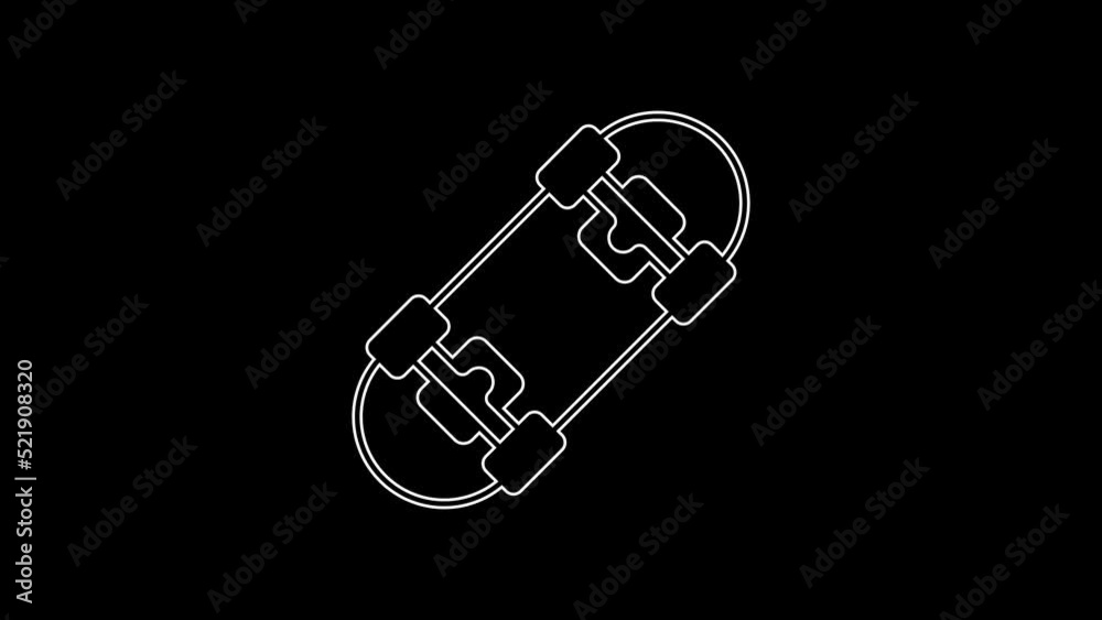 White line Skateboard icon isolated on black background. Extreme sport. Sport equipment. 4K Video motion graphic animation White line Skateboard icon isolated on black background. Extreme sport. Sport equipment. 4K Video motion graphic animation
