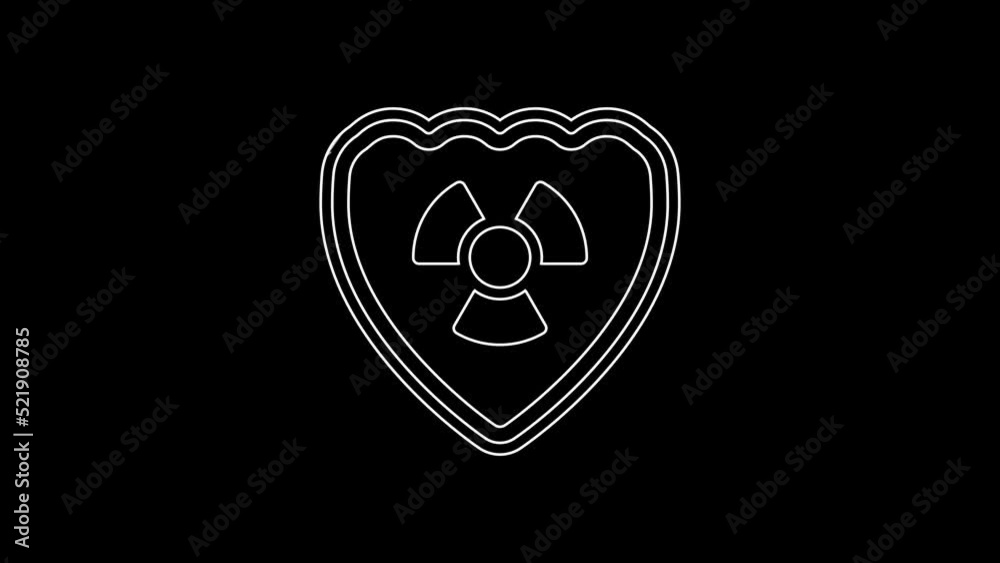 White line Radioactive in shield icon isolated on black background. Radioactive toxic symbol. Radiation Hazard sign. 4K Video motion graphic animation