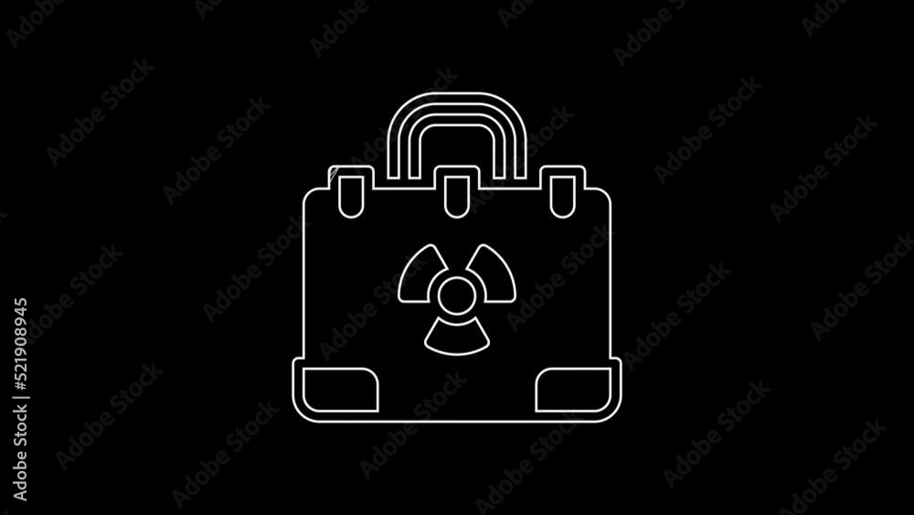 White line Radiation nuclear suitcase icon isolated on black background. 4K Video motion graphic animation White line Radiation nuclear suitcase icon isolated on black background. 4K Video motion graphic animation