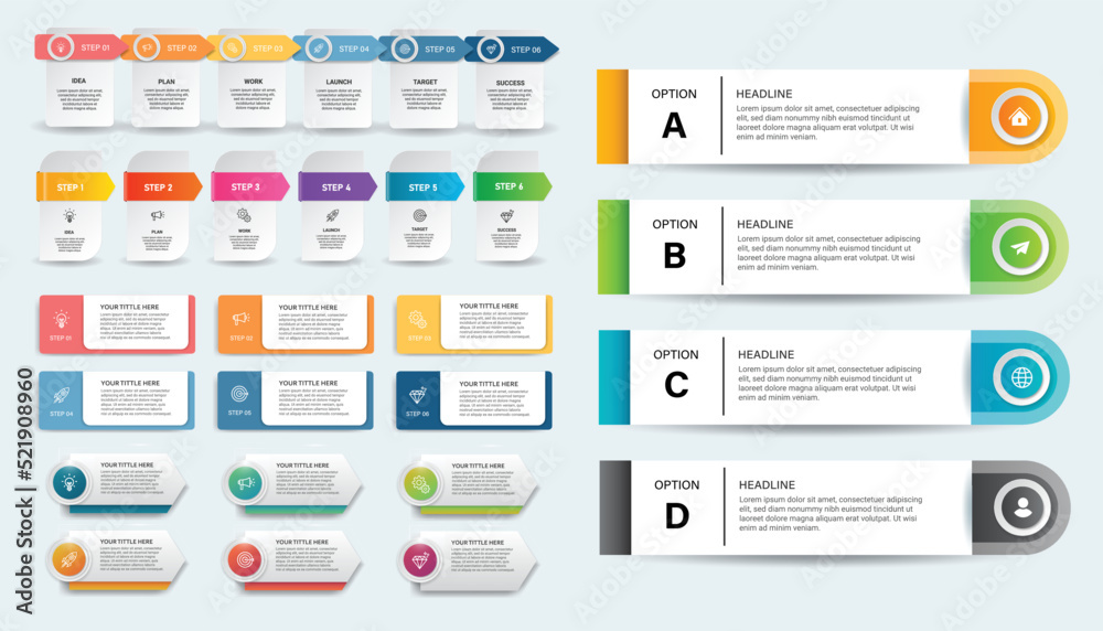 Collection of Business infographic design template with options, steps or processes. Can be used for presentation, diagram, annual report, web design, workflow layout