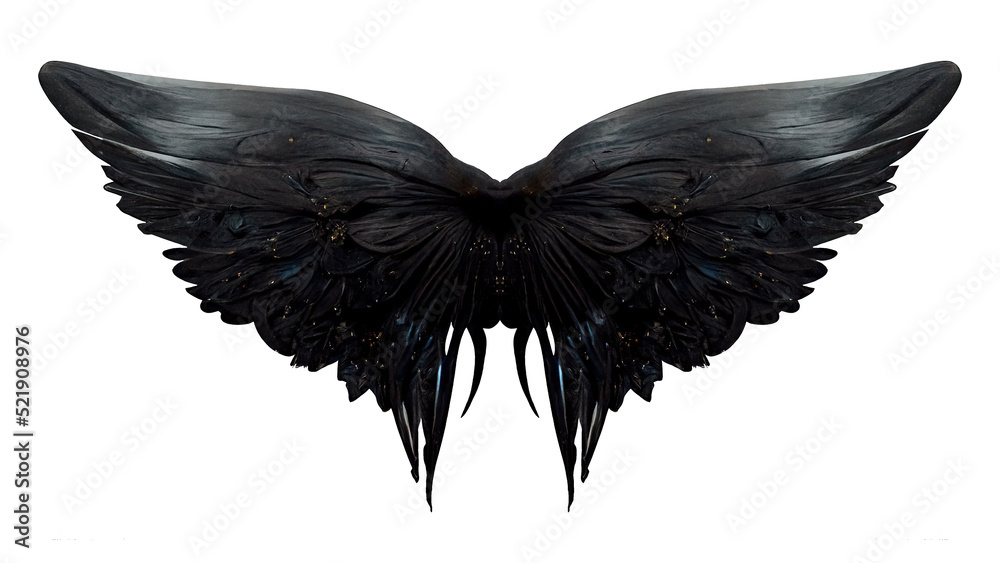 Fototapeta premium Fantasy black angel. Black angel feathers. Dramatic scary background. 3D illustration.