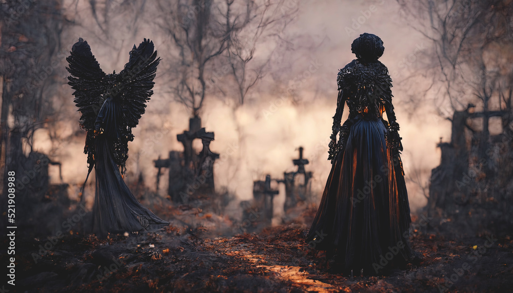 Fantasy black angel. Black angel feathers. Fantasy landscape of a cemetery with a black angel. Dramatic scary background. 3D illustration.