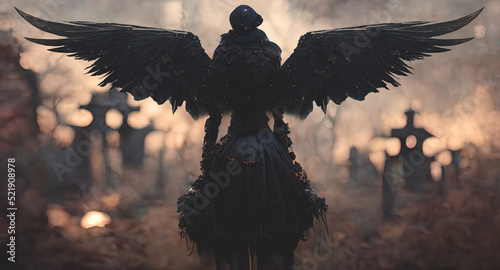 Fantasy black angel. Black angel feathers. Fantasy landscape of a cemetery with a black angel. Dramatic scary background. 3D illustration. photo