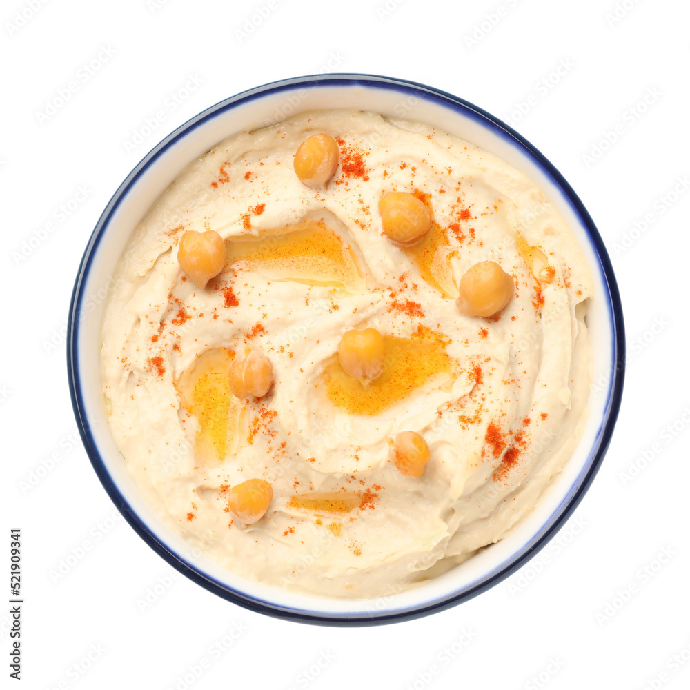Bowl of tasty hummus with chickpeas and paprika isolated on white, top view Bowl of tasty hummus with chickpeas and paprika isolated on white, top view
