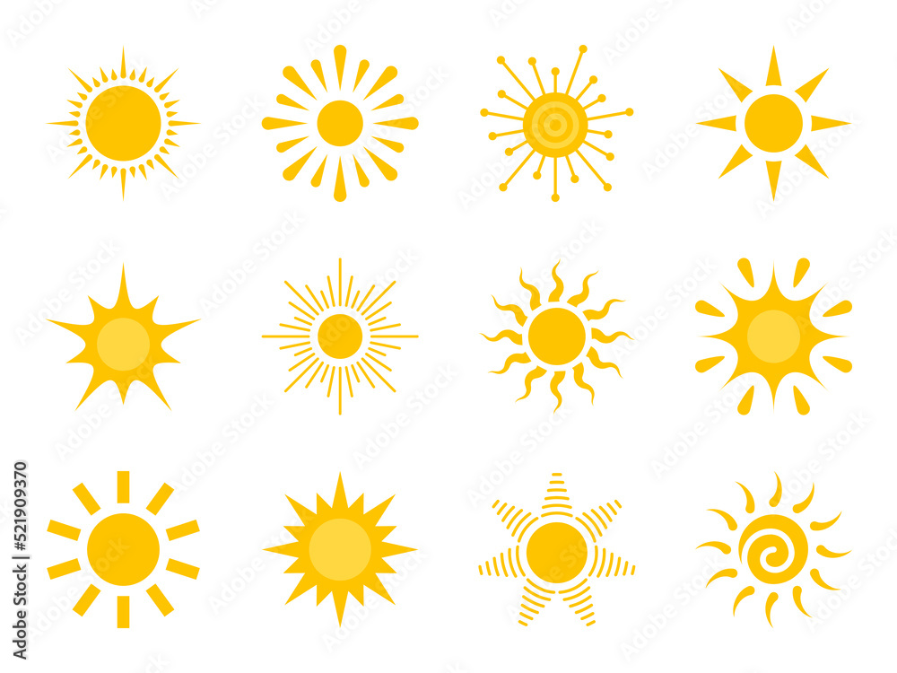Sun flat icon set. Various yellow sunshine star. Cartoon summer sunlight nature sky. Simple graphic solar circle sign. Sunny heat rays weather app symbol. Logotype sunrise sunset isolated on white. Sun flat icon set. Various yellow sunshine star. Cartoon summer sunlight nature sky. Simple graphic solar circle sign. Sunny heat rays weather app symbol. Logotype sunrise sunset isolated on white.