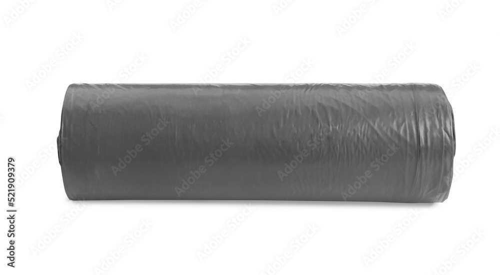 Roll of grey garbage bags on white background. Cleaning supplies Roll of grey garbage bags on white background. Cleaning supplies