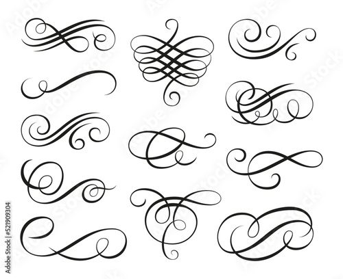 Vintage swirl ornament, line style flourishes set. Filigree calligraphic ornamental curls. Decorative retro design elements for menu, certificate diploma, wedding invatation card, outline text divider