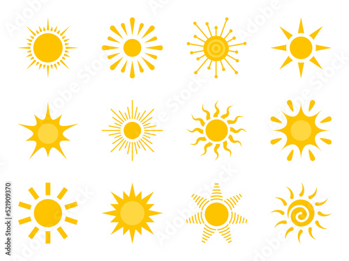 Sun flat icon set. Various yellow sunshine star. Cartoon summer sunlight nature sky. Simple graphic solar circle sign. Sunny heat rays weather app symbol. Logotype sunrise sunset isolated on white.