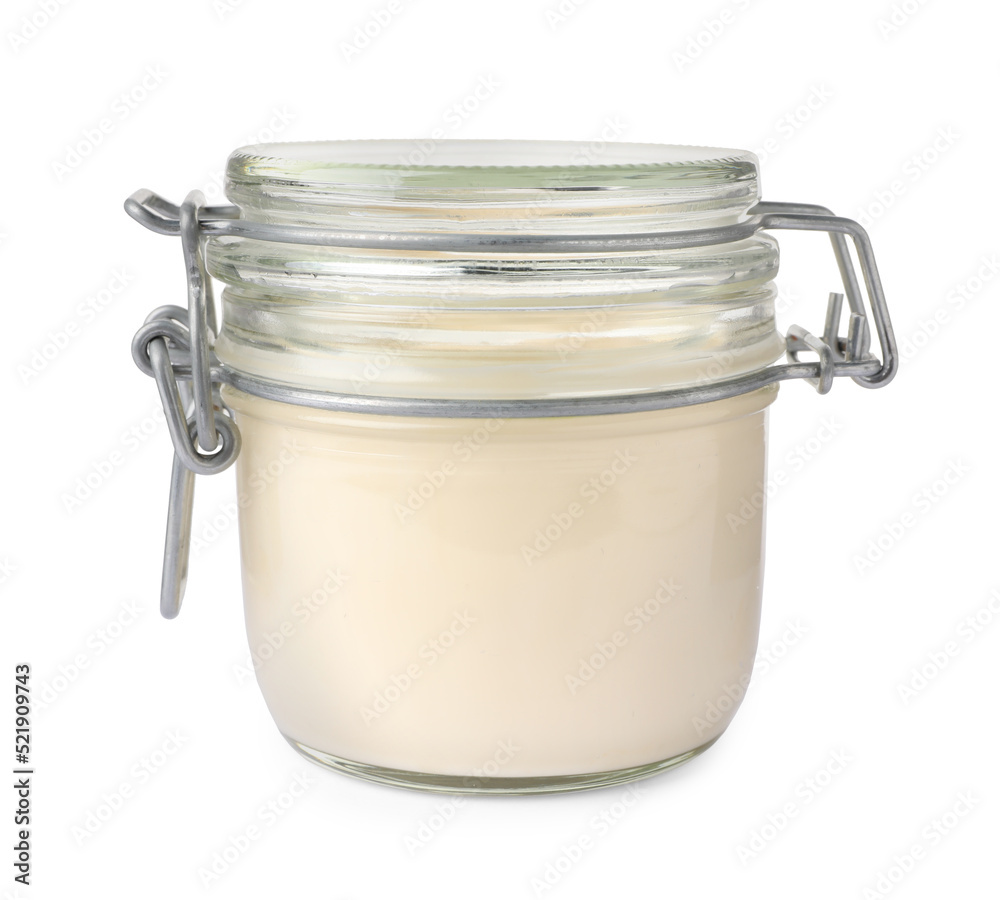 Tasty mayonnaise in glass jar isolated on white Tasty mayonnaise in glass jar isolated on white