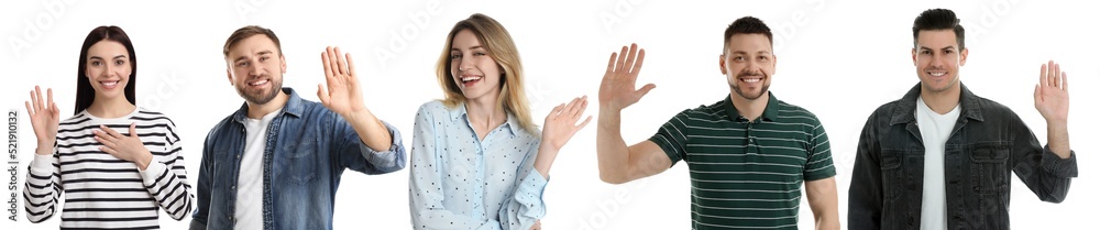 Collage with photos of cheerful people showing hello gesture on white background. Banner design Collage with photos of cheerful people showing hello gesture on white background. Banner design