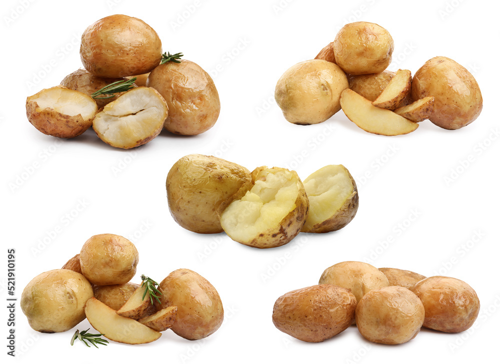 Fototapeta premium Set with delicious hot baked potatoes on white background