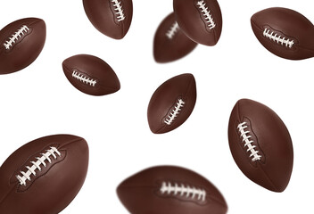 Flying leather American football balls on white background