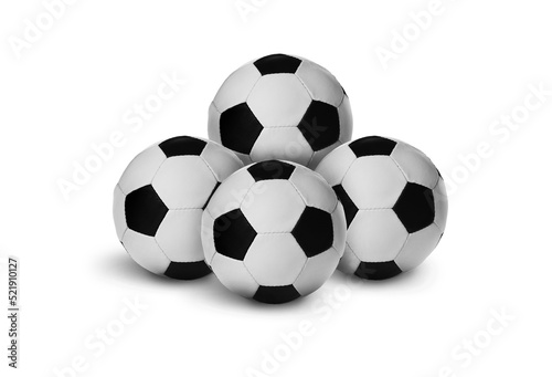 Many new soccer balls on white background