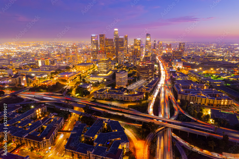 Naklejka premium Downtown Los Angeles At Sunset DTLA Aerial View