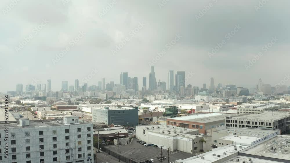 Drone Aerial View of Downtown Los Angeles CA USA From East, Central Financial Buildings Under Clouds Drone Aerial View of Downtown Los Angeles CA USA From East, Central Financial Buildings Under Clouds