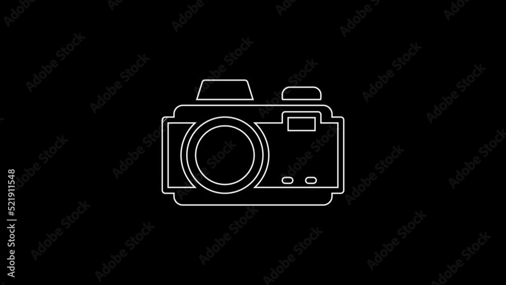 White line Photo camera icon isolated on black background. Foto camera. Digital photography. 4K Video motion graphic animation White line Photo camera icon isolated on black background. Foto camera. Digital photography. 4K Video motion graphic animation