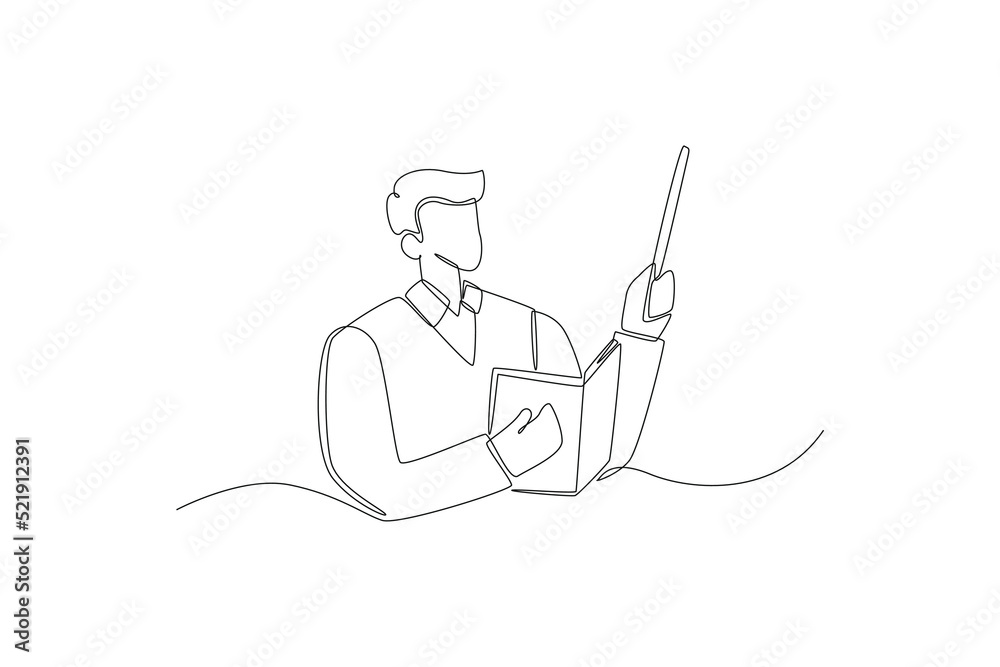 Single one line drawing male teacher with school pointer explains lesson. International teacher's day concept. Continuous line draw design graphic vector illustration.