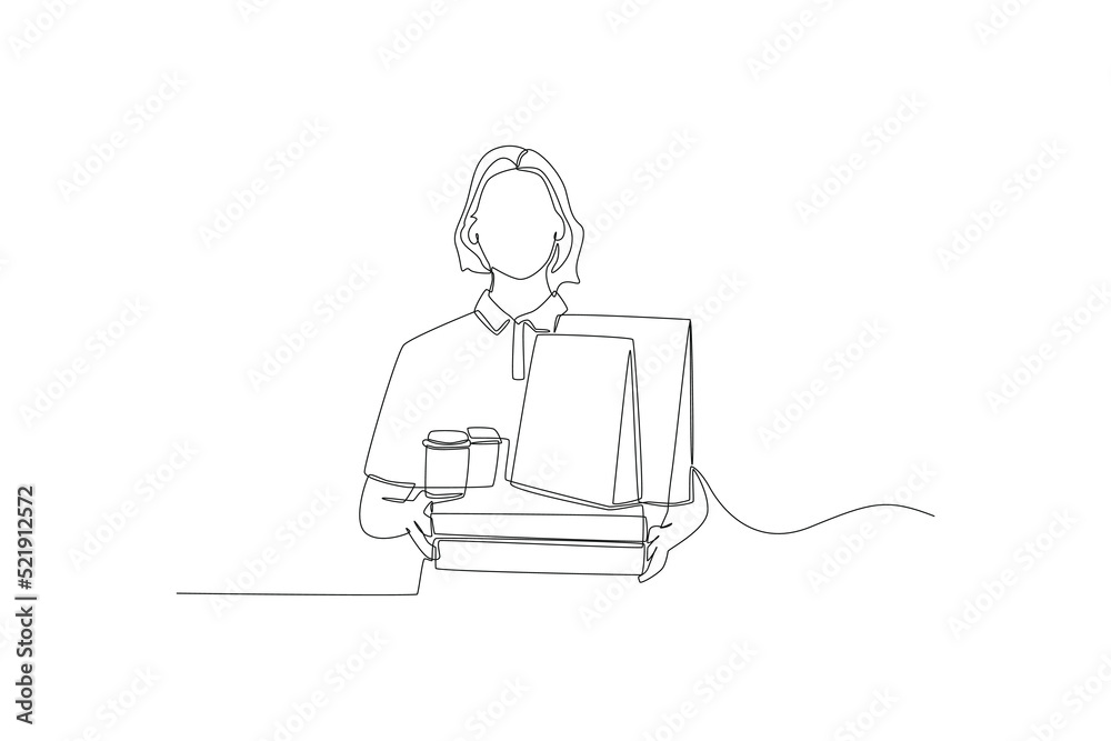 Continuous one line drawing office maid delivering food in office. Office cleaning services concept. Single line draw design vector graphic illustration. Continuous one line drawing office maid delivering food in office. Office cleaning services concept. Single line draw design vector graphic illustration.