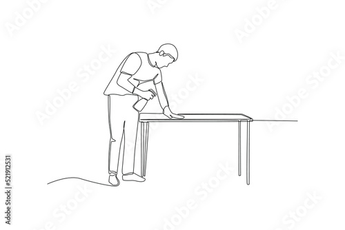 Continuous one line drawing janitor cleaning desk in office. Office cleaning services concept. Single line draw design vector graphic illustration.