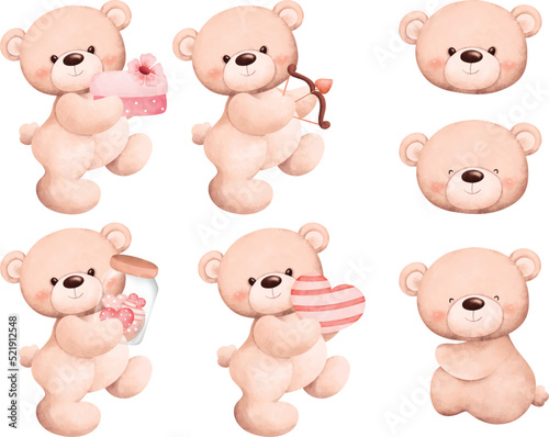 Watercolor Illustration set cute teddy bear 