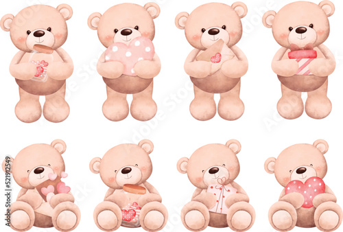 Watercolor Illustration set cute teddy bear 