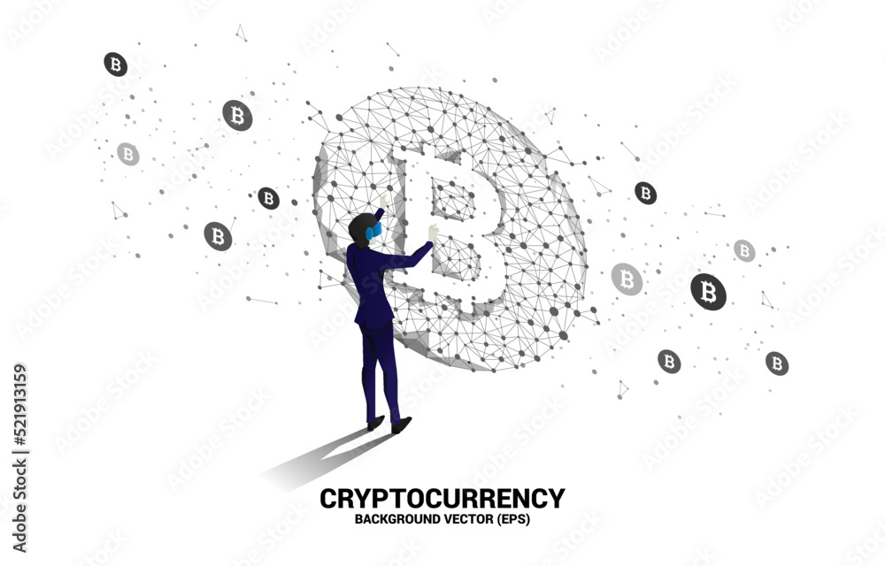 Silhouette man wear VR glasses with bitcoin icon from Polygon dot connect line. Concept for cryptocurrency technology and financial network connection. Silhouette man wear VR glasses with bitcoin icon from Polygon dot connect line. Concept for cryptocurrency technology and financial network connection.