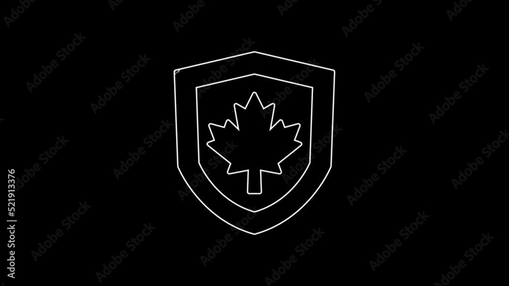 White line Canada flag on shield icon isolated on black background. 4K Video motion graphic animation White line Canada flag on shield icon isolated on black background. 4K Video motion graphic animation