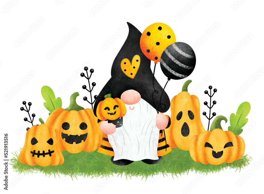 Fototapeta premium Watercolor Illustration Halloween Gnome and pumpkins 