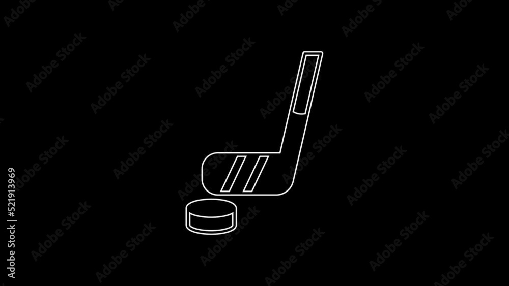 White line Ice hockey stick and puck icon isolated on black background. 4K Video motion graphic animation White line Ice hockey stick and puck icon isolated on black background. 4K Video motion graphic animation