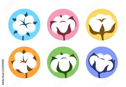 Cotton flower simple sign cartoon set. Natural blossom fluffy fiber symbol. Botanical icon herb, rustic trendy greenery. Ripe cotton boll fiber emblem monochrome isolated vector