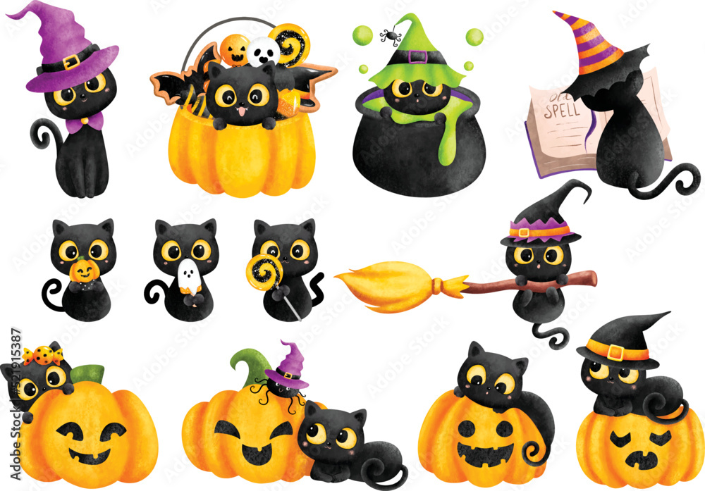 Obraz premium Watercolor Illustration set of Halloween back cat 