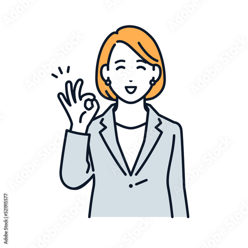 笑顔でOKサインをするスーツの女性のシンプルなベクターイラスト素材	