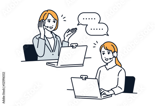 PCでオンライン相談をする女性のシンプルなベクターイラスト素材