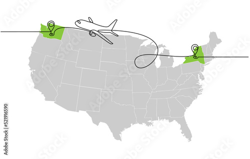 Continuous one line drawing of airplane flight routes in the United States from New York Washington. airplane flight route icon with starting point location and single line trail in doodle style