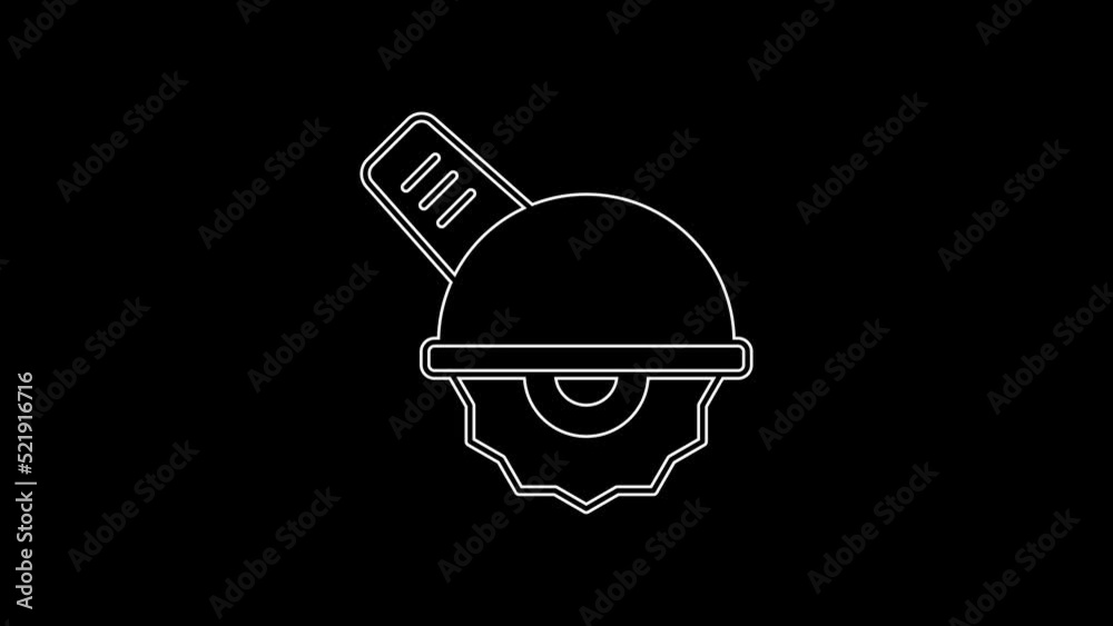 White line Electric circular saw with steel toothed disc icon isolated on black background. Electric hand tool for cutting wood or metal. 4K Video motion graphic animation White line Electric circular saw with steel toothed disc icon isolated on black background. Electric hand tool for cutting wood or metal. 4K Video motion graphic animation